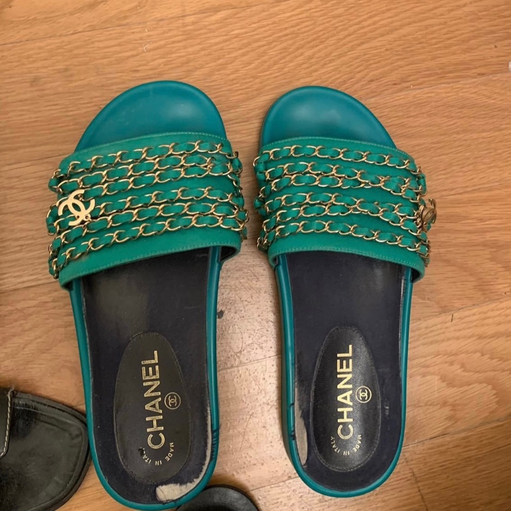 CHANEL Turquoise Chain Slide Sandals